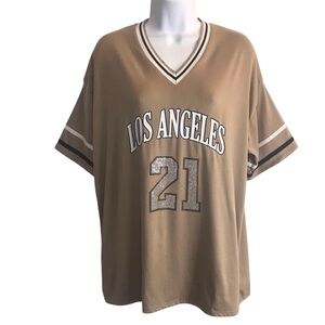 🔴 4/$15 Graphic Women’s L Bling LA CA 21 Rhinestone Tan Black V-Neck Jersey EUC